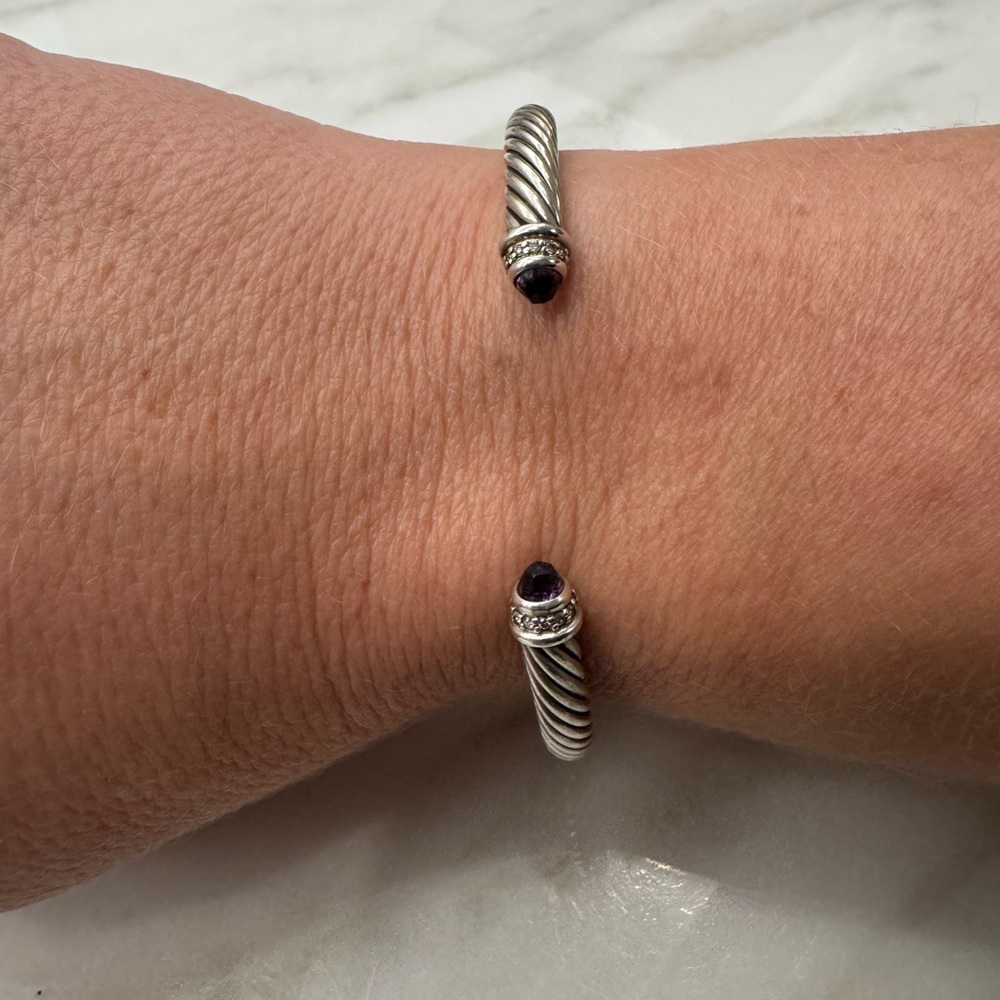 David Yurman Classic Cable Bracelet Sterling Silver with Amethyst and Diamonds